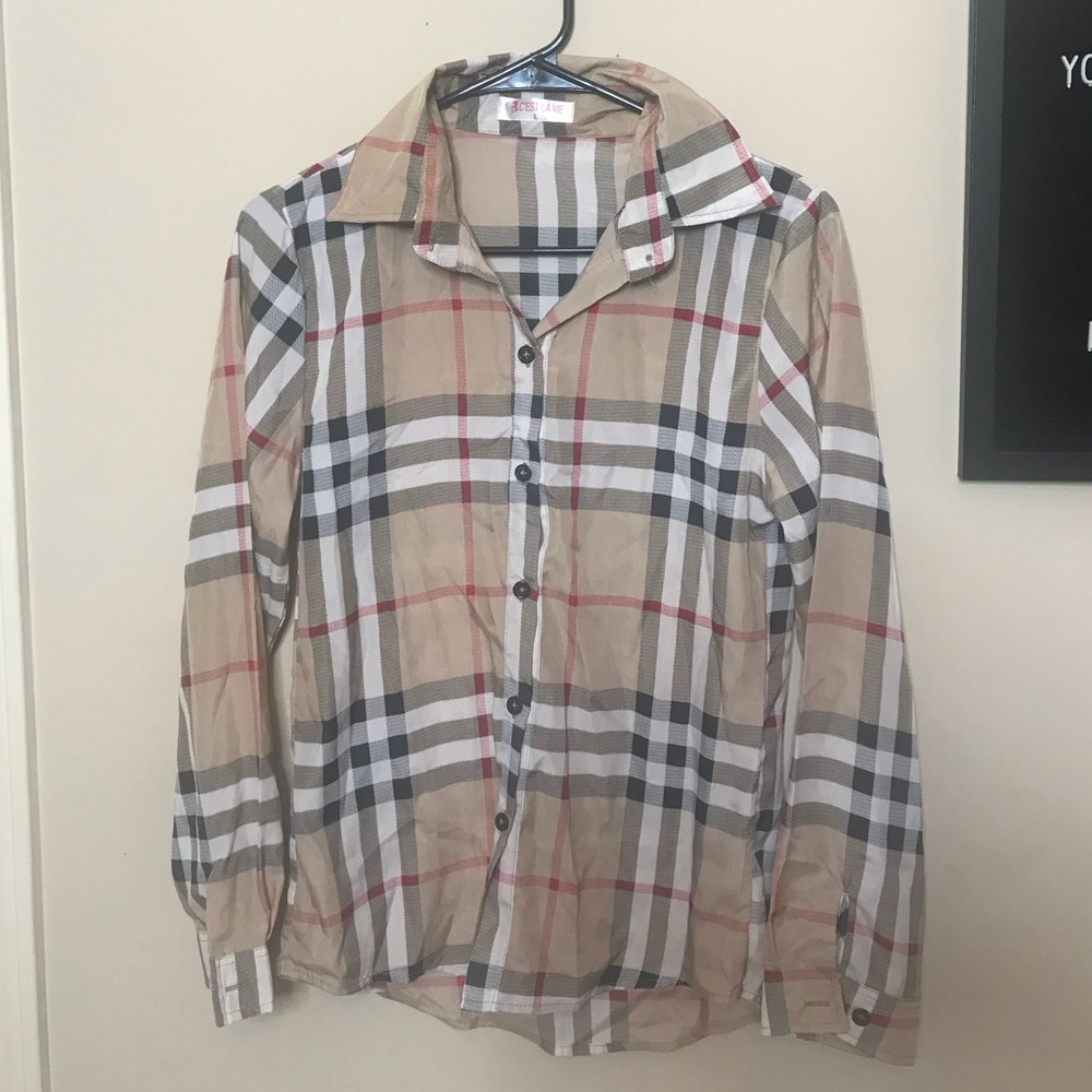 *SALE* Beige Black and Red Plaid Button Up Shirt